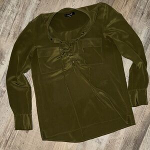 Madewell Silk Olive Green Lace-Up Blouse